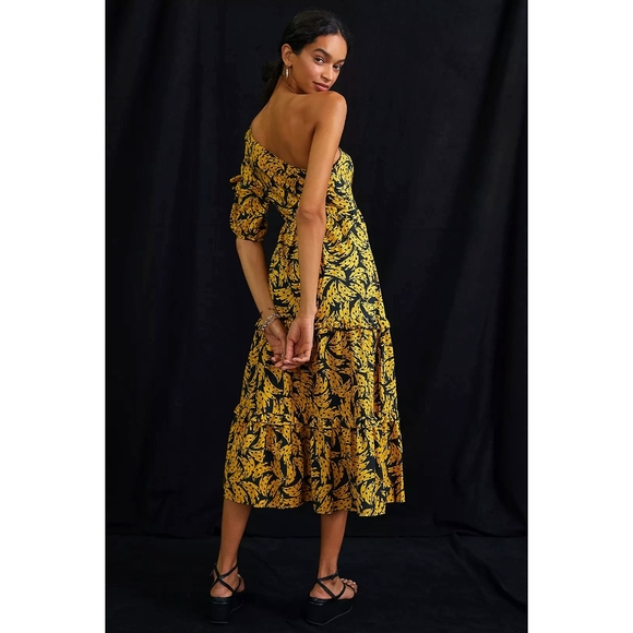 Farm Rio x Anthropologie Banana One-Shoulder Ruffle Tiered Midi Dress - Picture 11 of 11